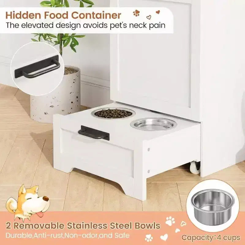 Integrated Elevated Dog Feeding Station, Collapsible Top Dog Food Container, Modern Dining Table Pet Furniture, for Kitchen, Dining Room