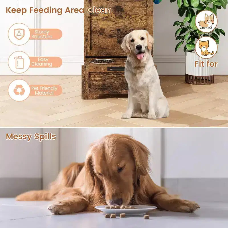 Integrated Elevated Dog Feeding Station, Collapsible Top Dog Food Container, Modern Dining Table Pet Furniture, for Kitchen, Dining Room