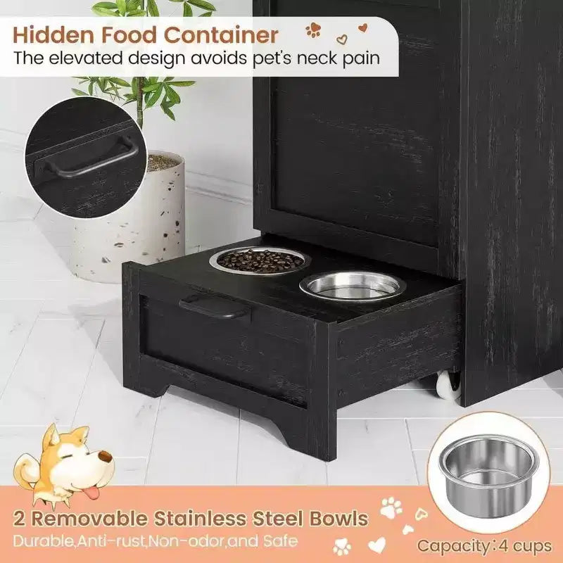 Integrated Elevated Dog Feeding Station, Collapsible Top Dog Food Container, Modern Dining Table Pet Furniture, for Kitchen, Dining Room
