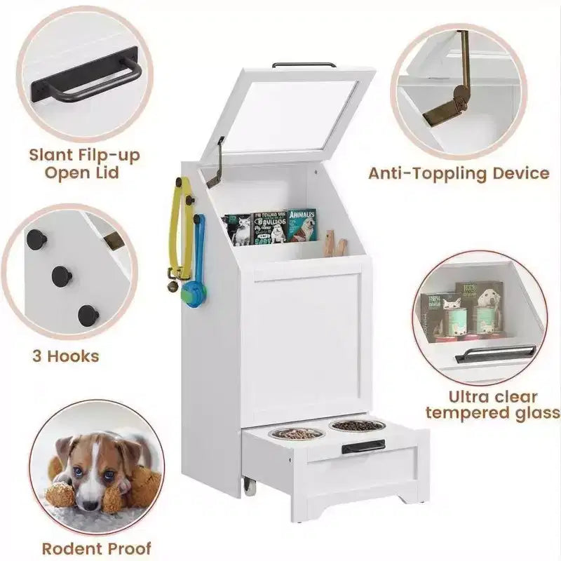 Integrated Elevated Dog Feeding Station, Collapsible Top Dog Food Container, Modern Dining Table Pet Furniture, for Kitchen, Dining Room