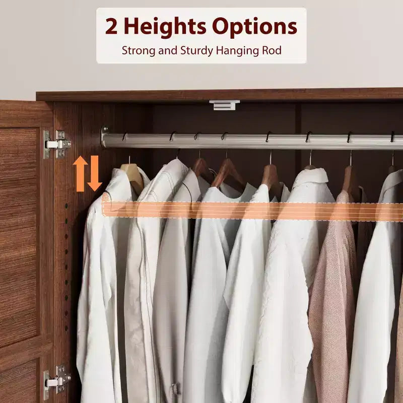 Wooden Wardrobe Closet, 2 Drawers, Adjustable Shelves, Sturdy Clothes Organizer, for Bedroom