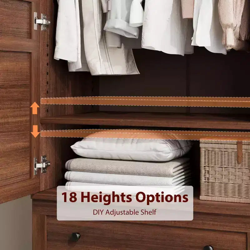 Wooden Wardrobe Closet, 2 Drawers, Adjustable Shelves, Sturdy Clothes Organizer, for Bedroom