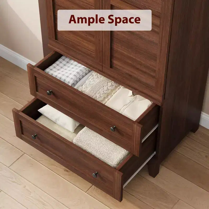 Wooden Wardrobe Closet, 2 Drawers, Adjustable Shelves, Sturdy Clothes Organizer, for Bedroom
