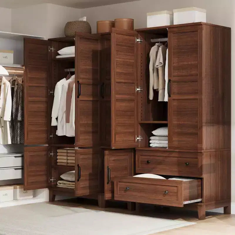 Wooden Wardrobe Closet, 2 Drawers, Adjustable Shelves, Sturdy Clothes Organizer, for Bedroom