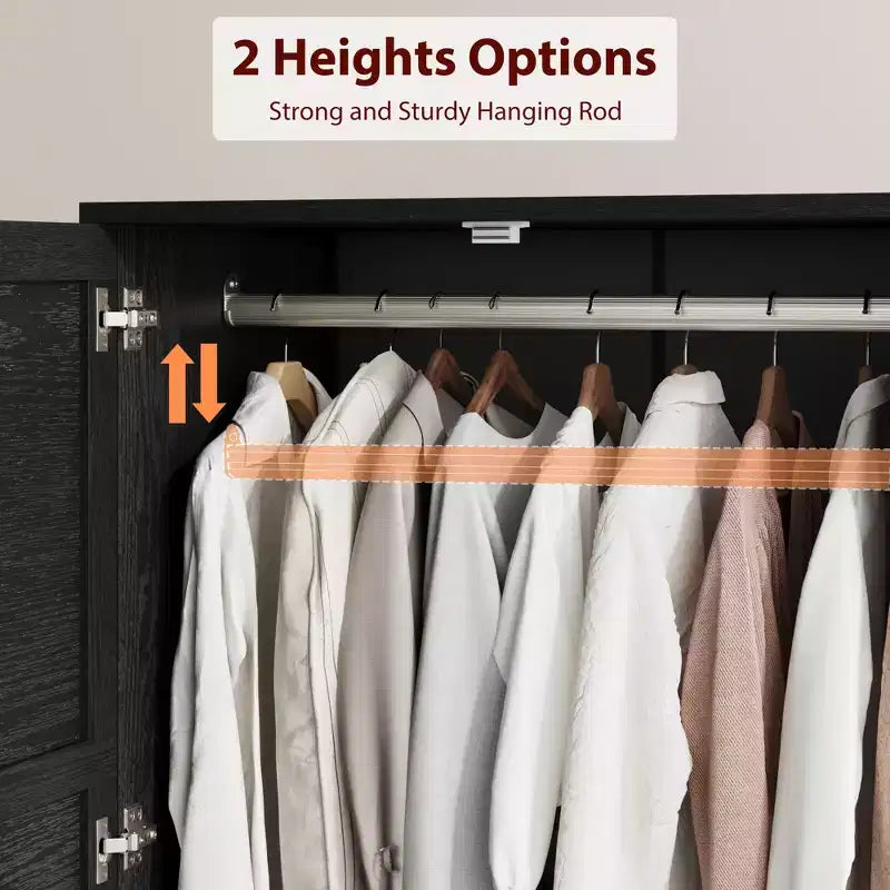 Wooden Wardrobe Closet, 2 Drawers, Adjustable Shelves, Sturdy Clothes Organizer, for Bedroom