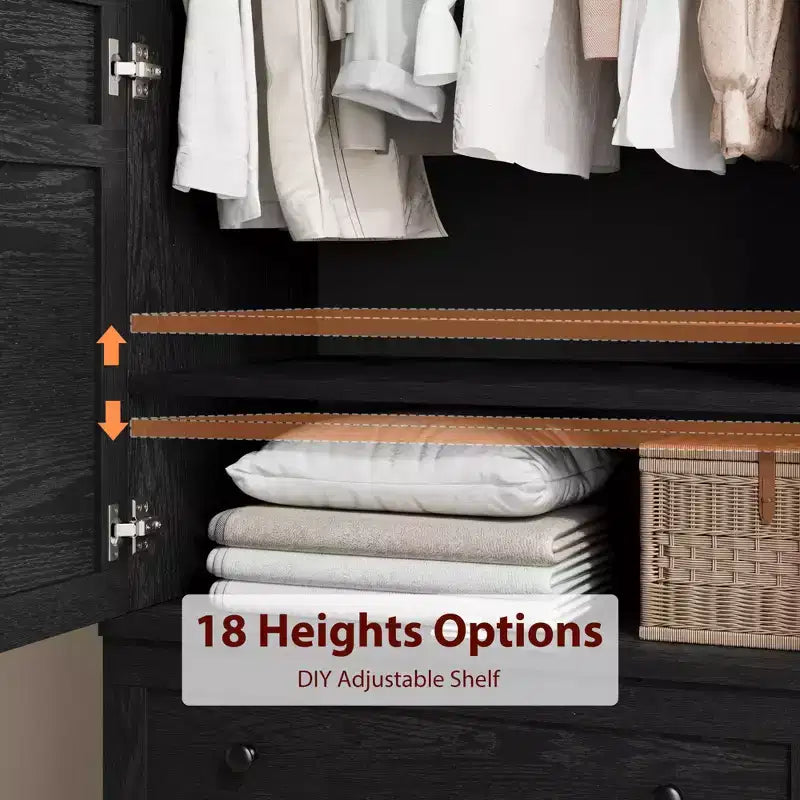 Wooden Wardrobe Closet, 2 Drawers, Adjustable Shelves, Sturdy Clothes Organizer, for Bedroom