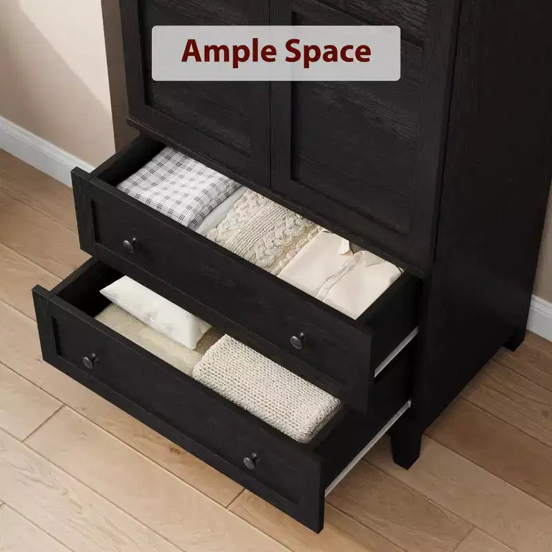 Wooden Wardrobe Closet, 2 Drawers, Adjustable Shelves, Sturdy Clothes Organizer, for Bedroom