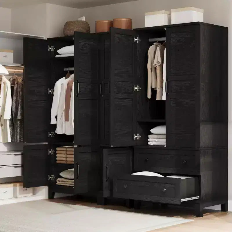 Wooden Wardrobe Closet, 2 Drawers, Adjustable Shelves, Sturdy Clothes Organizer, for Bedroom