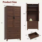 Wooden Wardrobe Closet, 2 Drawers, Adjustable Shelves, Sturdy Clothes Organizer, for Bedroom