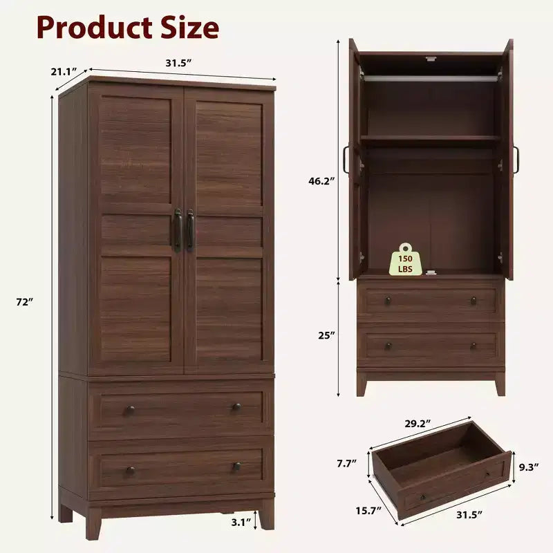Wooden Wardrobe Closet, 2 Drawers, Adjustable Shelves, Sturdy Clothes Organizer, for Bedroom