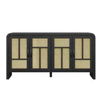 59 Black Rattan Buffet Cabinet with 4 Doors, Boho Sideboard with Adjustable Shelves, Wood Accent for Dining Living Room