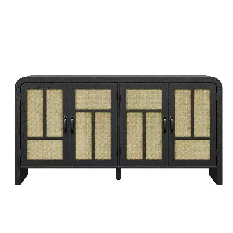 59 Black Rattan Buffet Cabinet with 4 Doors, Boho Sideboard with Adjustable Shelves, Wood Accent for Dining Living Room