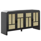 59 Black Rattan Buffet Cabinet with 4 Doors, Boho Sideboard with Adjustable Shelves, Wood Accent for Dining Living Room
