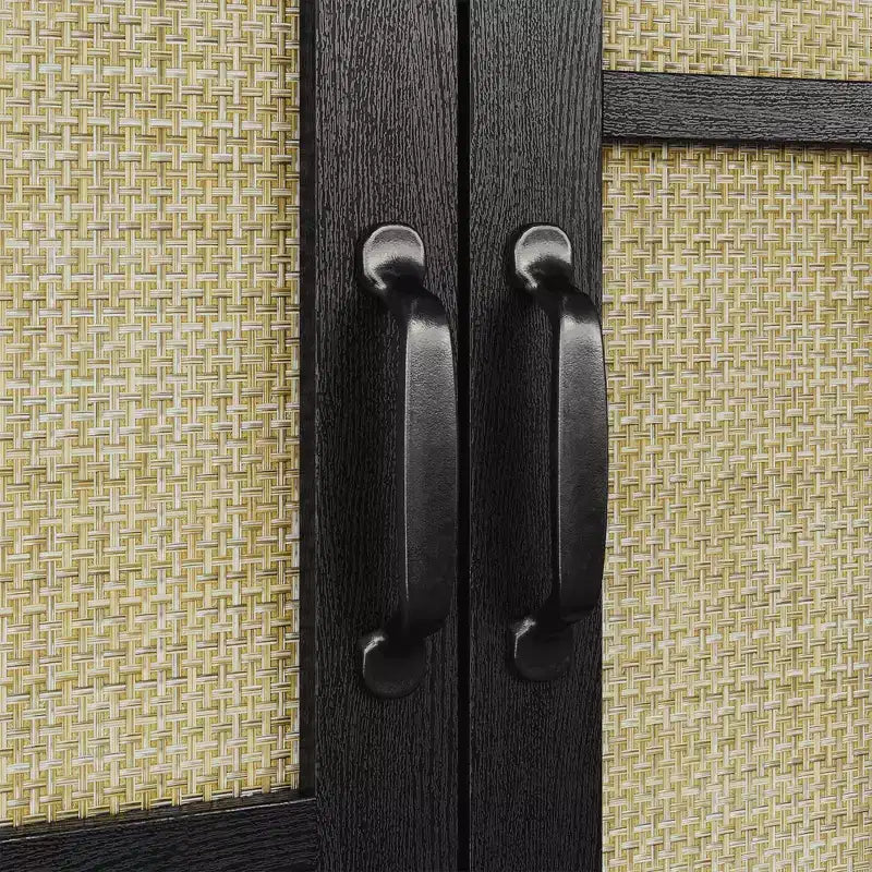 59 Black Rattan Buffet Cabinet with 4 Doors, Boho Sideboard with Adjustable Shelves, Wood Accent for Dining Living Room