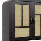 59 Black Rattan Buffet Cabinet with 4 Doors, Boho Sideboard with Adjustable Shelves, Wood Accent for Dining Living Room