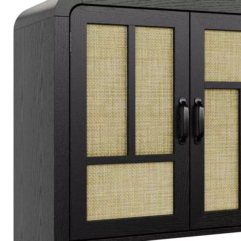 59 Black Rattan Buffet Cabinet with 4 Doors, Boho Sideboard with Adjustable Shelves, Wood Accent for Dining Living Room