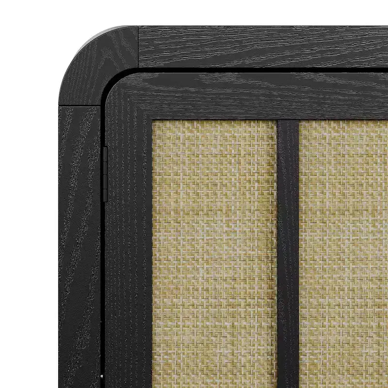 59 Black Rattan Buffet Cabinet with 4 Doors, Boho Sideboard with Adjustable Shelves, Wood Accent for Dining Living Room