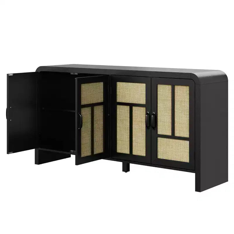 59 Black Rattan Buffet Cabinet with 4 Doors, Boho Sideboard with Adjustable Shelves, Wood Accent for Dining Living Room