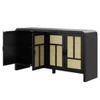 59 Black Rattan Buffet Cabinet with 4 Doors, Boho Sideboard with Adjustable Shelves, Wood Accent for Dining Living Room