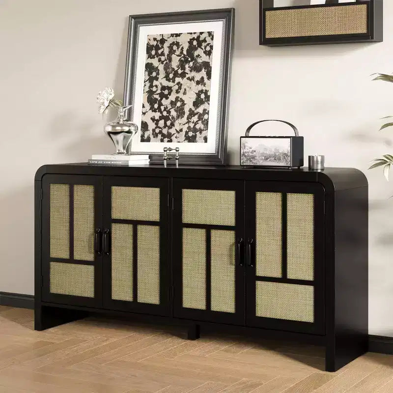 59 Black Rattan Buffet Cabinet with 4 Doors, Boho Sideboard with Adjustable Shelves, Wood Accent for Dining Living Room