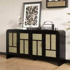 59 Black Rattan Buffet Cabinet with 4 Doors, Boho Sideboard with Adjustable Shelves, Wood Accent for Dining Living Room