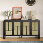59 Black Rattan Buffet Cabinet with 4 Doors, Boho Sideboard with Adjustable Shelves, Wood Accent for Dining Living Room
