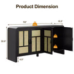 59 Black Rattan Buffet Cabinet with 4 Doors, Boho Sideboard with Adjustable Shelves, Wood Accent for Dining Living Room
