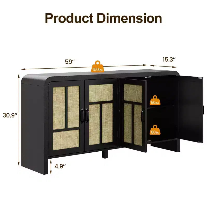 59 Black Rattan Buffet Cabinet with 4 Doors, Boho Sideboard with Adjustable Shelves, Wood Accent for Dining Living Room