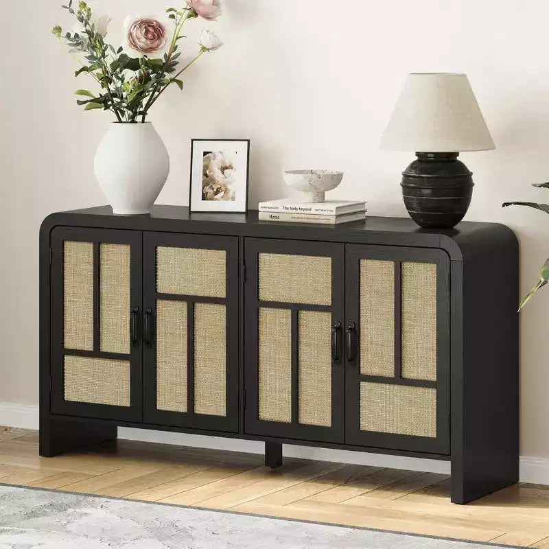 59 Black Rattan Buffet Cabinet with 4 Doors, Boho Sideboard with Adjustable Shelves, Wood Accent for Dining Living Room