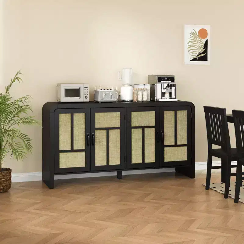 59 Black Rattan Buffet Cabinet with 4 Doors, Boho Sideboard with Adjustable Shelves, Wood Accent for Dining Living Room