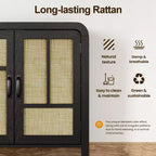 59 Black Rattan Buffet Cabinet with 4 Doors, Boho Sideboard with Adjustable Shelves, Wood Accent for Dining Living Room