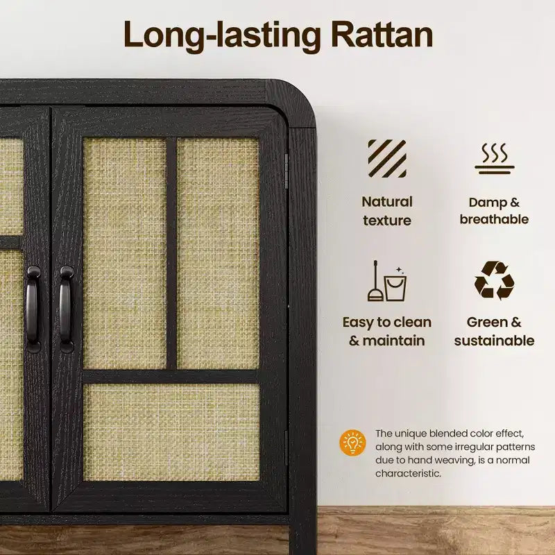 59 Black Rattan Buffet Cabinet with 4 Doors, Boho Sideboard with Adjustable Shelves, Wood Accent for Dining Living Room