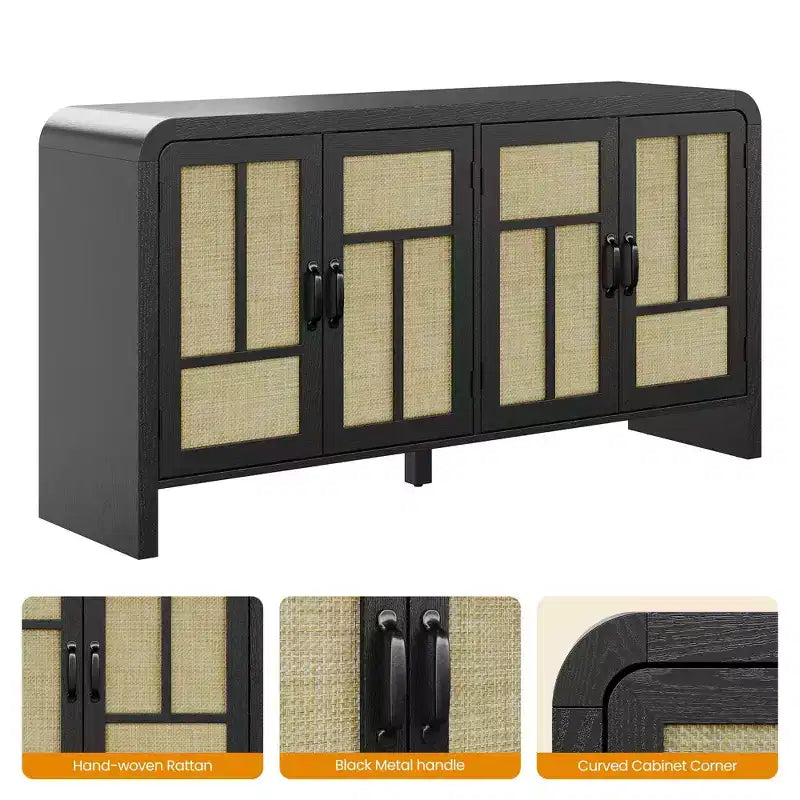 59 Black Rattan Buffet Cabinet with 4 Doors, Boho Sideboard with Adjustable Shelves, Wood Accent for Dining Living Room