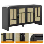 59 Black Rattan Buffet Cabinet with 4 Doors, Boho Sideboard with Adjustable Shelves, Wood Accent for Dining Living Room
