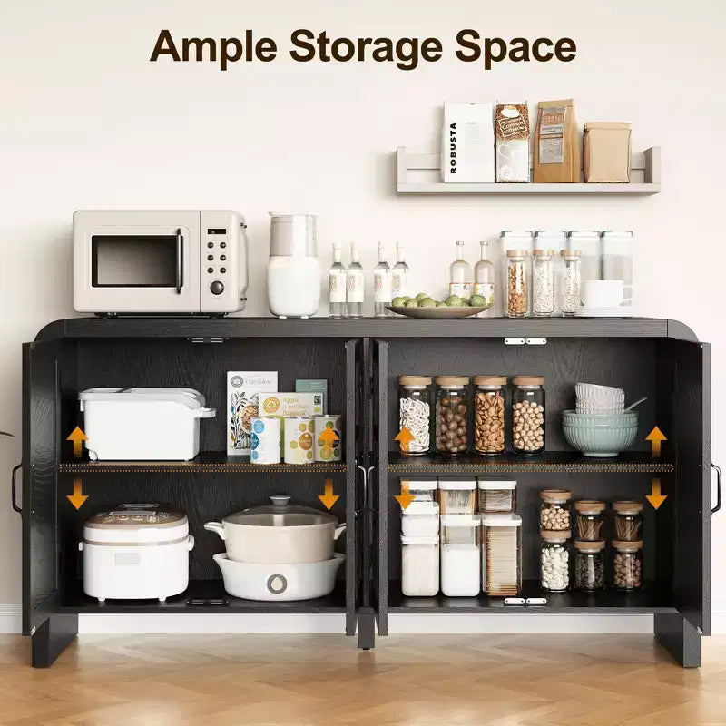 59 Black Rattan Buffet Cabinet with 4 Doors, Boho Sideboard with Adjustable Shelves, Wood Accent for Dining Living Room