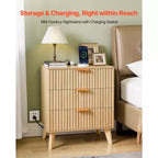 VEVOR Fluted Nightstands with Charging Station, Set of 2, Dresser for Bedroom with 3 Drawers, Mid Century Modern End Table, Chest of Dresser, Brown