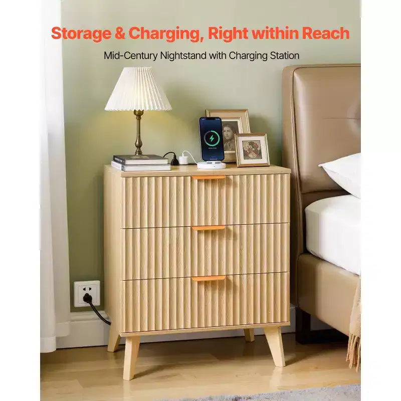 VEVOR Fluted Nightstands with Charging Station, Set of 2, Dresser for Bedroom with 3 Drawers, Mid Century Modern End Table, Chest of Dresser, Brown