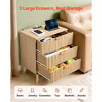 VEVOR Fluted Nightstands with Charging Station, Set of 2, Dresser for Bedroom with 3 Drawers, Mid Century Modern End Table, Chest of Dresser, Brown