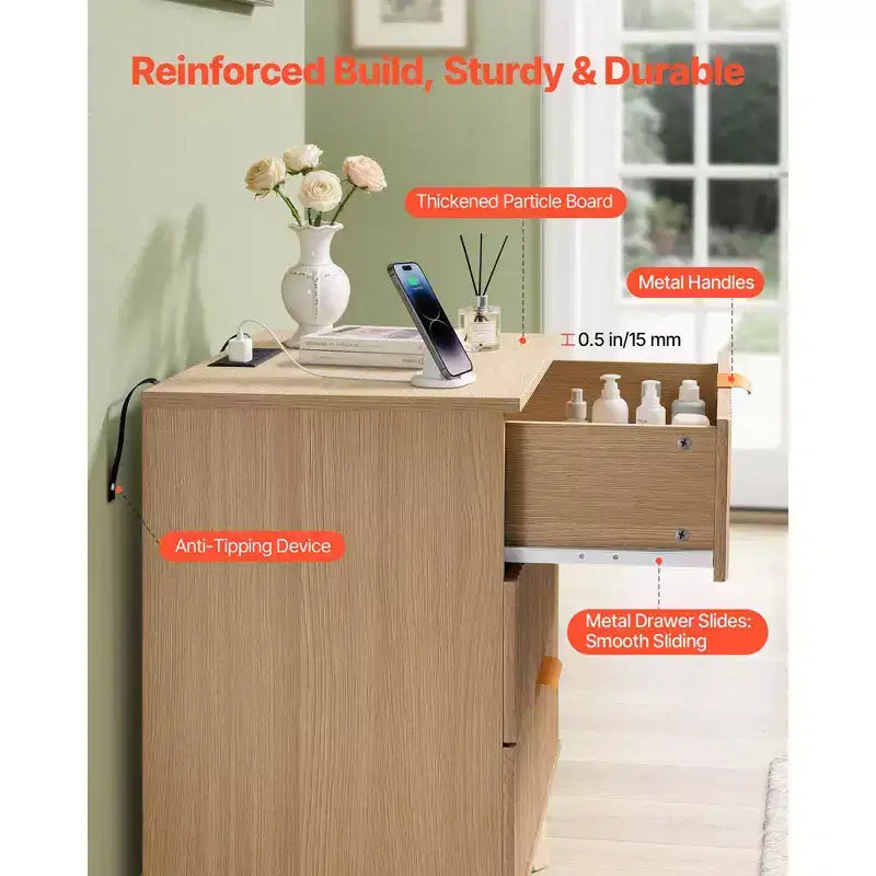 VEVOR Fluted Nightstands with Charging Station, Set of 2, Dresser for Bedroom with 3 Drawers, Mid Century Modern End Table, Chest of Dresser, Brown