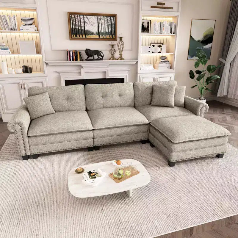 Captiva Designs Upholstered Indoor Sofa with Ottoman, Solid Wood Frame, Pocket Spring Seat & Throw Pillows