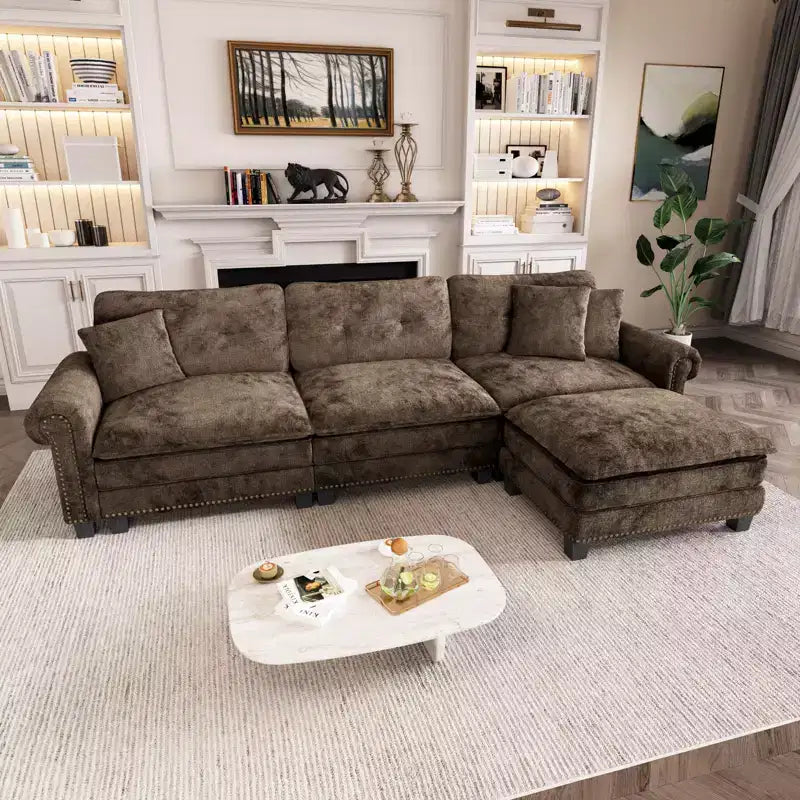 Captiva Designs Upholstered Indoor Sofa with Ottoman, Solid Wood Frame, Pocket Spring Seat & Throw Pillows
