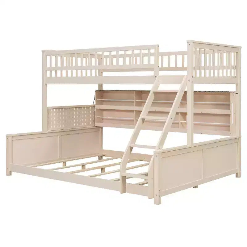 Luxystar Twin XL Over Queen Low Bunk Bed With Built In Lighted Shelves and Pegboard