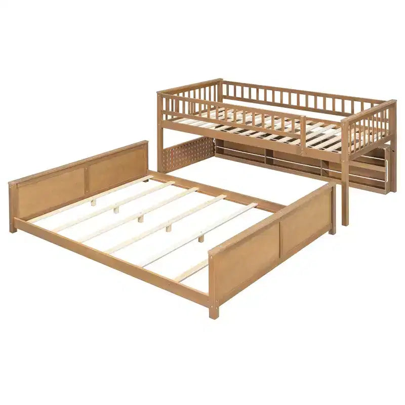 Luxystar Twin XL Over Queen Low Bunk Bed With Built In Lighted Shelves and Pegboard