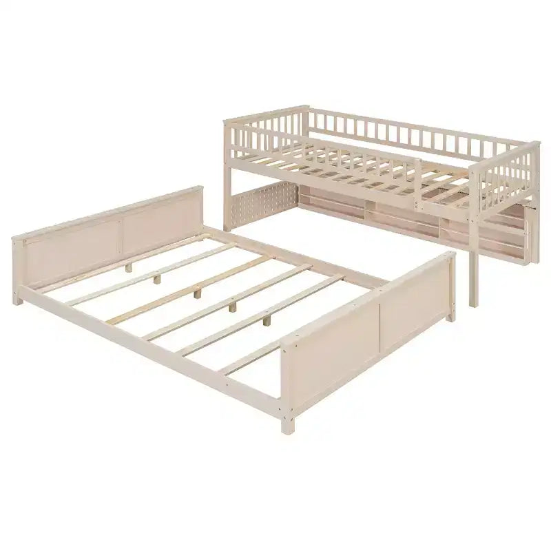 Luxystar Twin XL Over Queen Low Bunk Bed With Built In Lighted Shelves and Pegboard