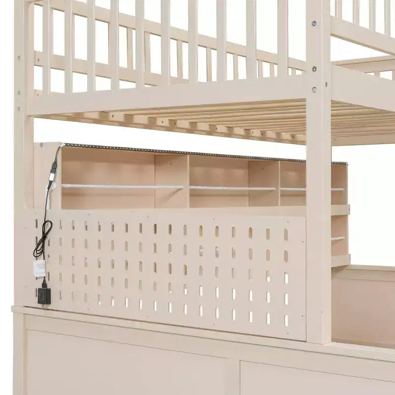 Luxystar Twin XL Over Queen Low Bunk Bed With Built In Lighted Shelves and Pegboard