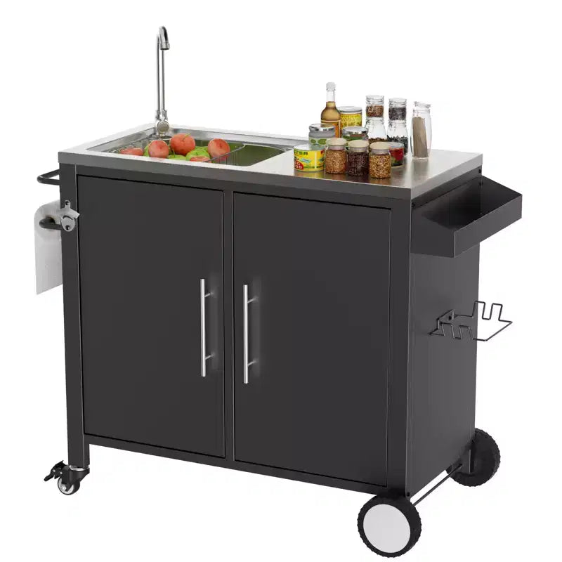 Outdoor Grill Table with Sink, Grill Cart with 304 Stainless Steel Sink and Cabinet, Outdoor Grill Cart,Outdoor Cart Sink