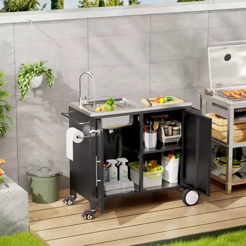 Outdoor Grill Table with Sink, Grill Cart with 304 Stainless Steel Sink and Cabinet, Outdoor Grill Cart,Outdoor Cart Sink