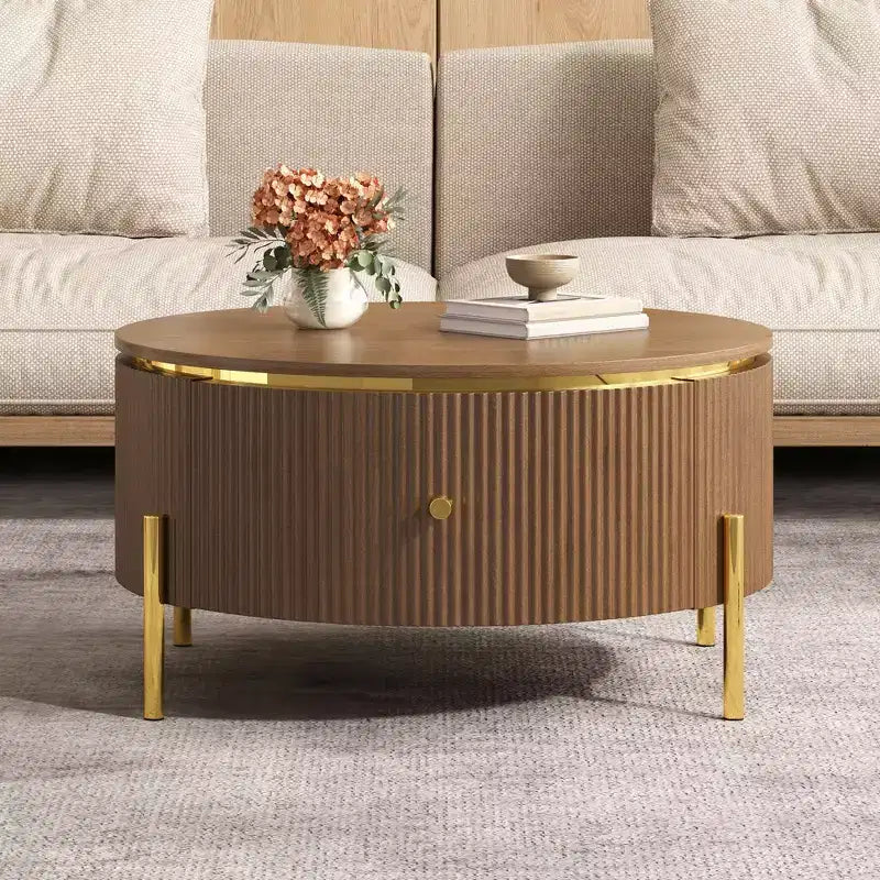 JVNOXK Modern Round Coffee Table with 2 Large Storage Drawers, 31.5 Accent Table for Living Room, Brown