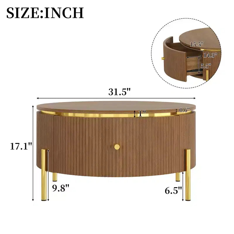 JVNOXK Modern Round Coffee Table with 2 Large Storage Drawers, 31.5 Accent Table for Living Room, Brown