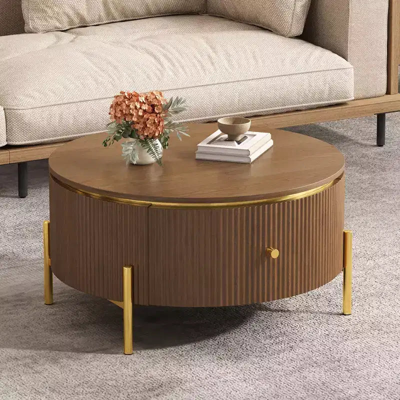 JVNOXK Modern Round Coffee Table with 2 Large Storage Drawers, 31.5 Accent Table for Living Room, Brown